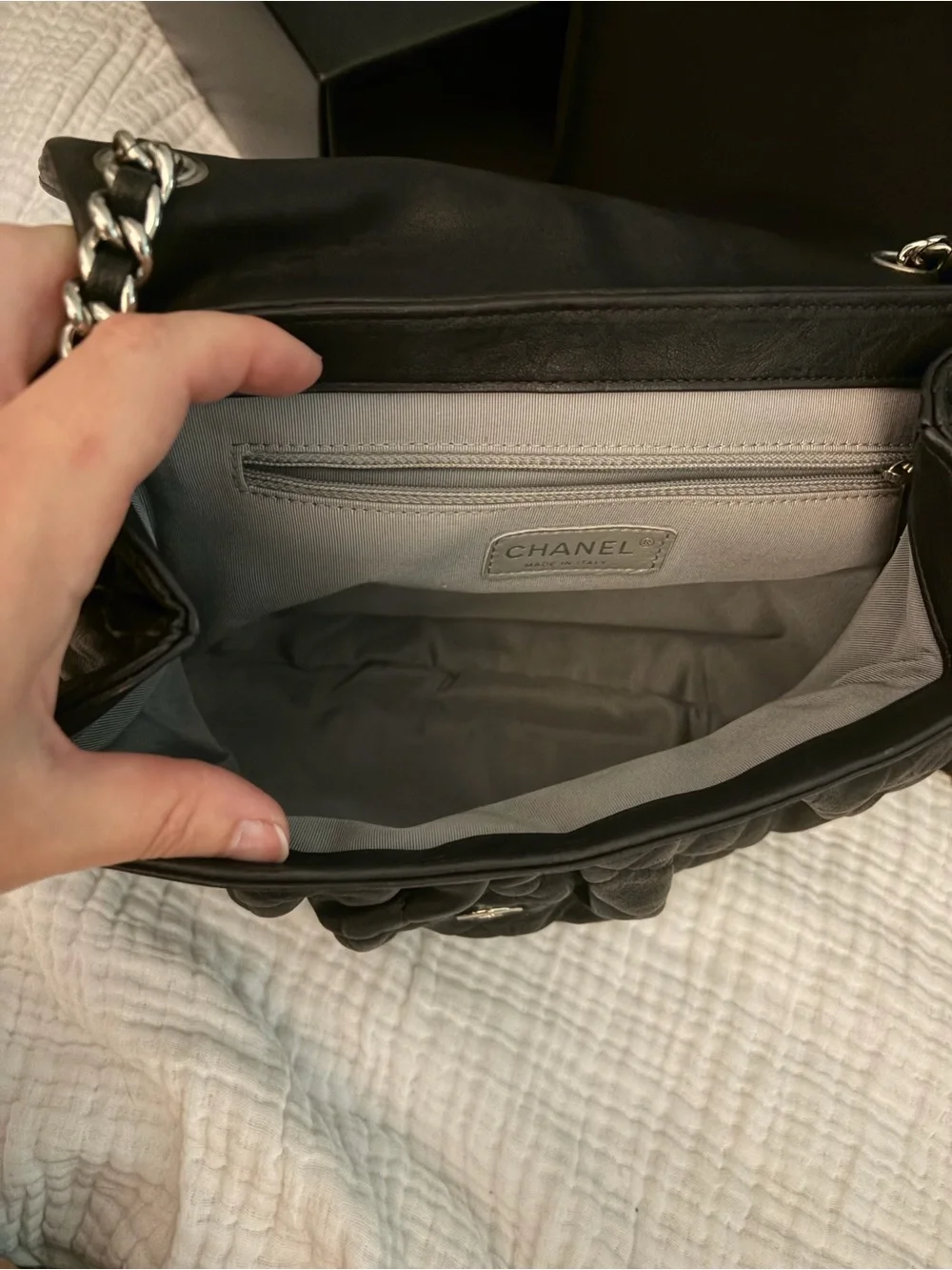 CHANEL Black Quilted Leather Small Flap Crossbody with Silver Chain